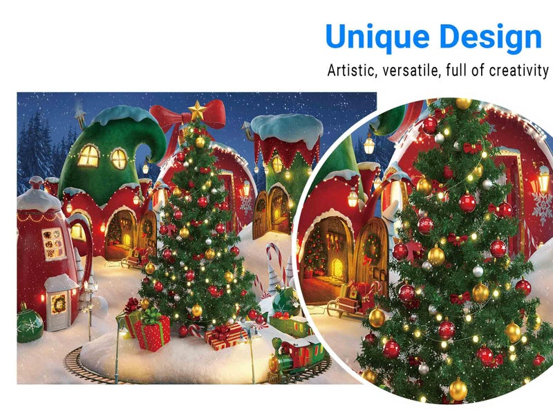 Funnytree 10x8FT Cartoon Christmas Village Photography Backdrop Winter Cabin Snow Pine Tree Background Xmas Fairy Tale Animated Kid Ice Party Photo Booth Banner Supplies Durable Soft Fabric - Image 2